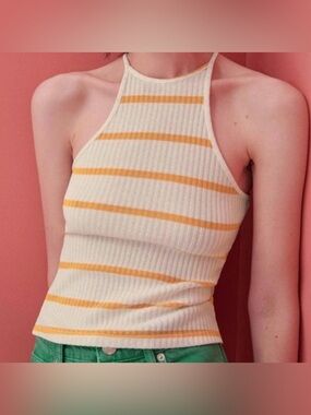 Zara Knit White Orange Stripe Ribbed Halter Top Size Medium